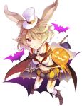  althemia animal_ears bat belt boots breasts brown_footwear bunny_ears character_request cleavage closed_mouth commentary_request dragalia_lost garter_straps hair_over_one_eye halloween halloween_costume hat highres jack-o&#039;-lantern jack-o'-lantern kneehighs light_brown_hair long_sleeves looking_at_viewer medium_breasts mini_hat navel one_eye_covered puffy_shorts purple_eyes shorts sibyl smile solo top_hat white_hat white_legwear witch_hat 