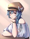  1girl absurdres bare_shoulders blouse blue_hair breasts cabbie_hat casual eula_(genshin_impact) genshin_impact glasses hat highres large_breasts long_sleeves looking_at_viewer lyrie_luna solo upper_body wristband 