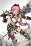  1girl action animal_ears armor brown_eyes cow_ears falcom highres holding holding_weapon horns long_hair looking_at_viewer pink_hair raging_bull_(ys) solo t0fy291 very_long_hair weapon white_background ys ys_ix_monstrum_nox 