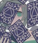  1girl anna_mel bangs blurry card close-up covered_mouth depth_of_field empty_eyes expressionless face green_eyes green_hair hand_up headpiece high_ponytail holding holding_card looking_at_viewer magia_record:_mahou_shoujo_madoka_magica_gaiden mahou_shoujo_madoka_magica muted_color off_shoulder one_eye_covered ponytail simple_background sleeveless solo tareme tarot too_many triangle upper_body white_background wide-eyed yuri7s0 