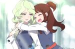  2girls arikindows10 blonde_hair blue_eyes blush brown_hair couple diana_cavendish happy highres hug kagari_atsuko little_witch_academia long_hair looking_at_another luna_nova_school_uniform multicolored_hair multiple_girls school_uniform simple_background smile two-tone_hair uniform wand yuri 