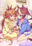  2girls :d :o animal_ears bangs barefoot blue_eyes blue_jacket blush bow brown_eyes brown_hair brown_ribbon cellphone collarbone commentary_request ear_ribbon ech eyebrows_visible_through_hair frilled_pillow frills hair_between_eyes hair_ribbon heart heart_pillow high_ponytail highres holding holding_phone hood hood_down hooded_jacket horse_ears horse_girl horse_tail indoors jacket long_hair long_sleeves mayano_top_gun_(umamusume) multicolored_hair multiple_girls object_hug on_bed open_clothes open_jacket open_mouth orange_eyes orange_hair pajamas parted_lips phone picture_(object) pillow pink_ribbon ponytail ribbon signature sitting smartphone smile streaked_hair stuffed_animal stuffed_toy tail teddy_bear tokai_teio_(umamusume) two-tone_hair two_side_up umamusume very_long_hair wariza white_bow white_hair yellow_pajamas yokozuwari 