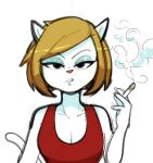  2020 anthro blonde_hair breasts cigarette cleavage clothed clothing dbaru domestic_cat felid feline felis female flo_(catillac_cats) fur hair heathcliff_and_the_catillac_cats mammal smoking solo white_body white_fur 