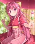  1girl acchii_(akina) bow commentary_request dango eating food hair_bow hakama highres japanese_clothes kamikaze_(kancolle) kantai_collection kimono long_hair looking_at_viewer meiji_schoolgirl_uniform oil-paper_umbrella pink_hakama purple_eyes purple_hair red_kimono red_umbrella solo tasuki umbrella wagashi yellow_bow 