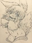  1other animal_ears bangs blush body_fur chopsticks eating eyebrows_visible_through_hair furry highres holding holding_plate made_in_abyss mitsuba-sama_(milkba-ng) monochrome nanachi_(made_in_abyss) navel nude open_mouth plate saliva short_hair sweat tail thighs tongue tongue_out traditional_media whiskers 