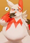  anthro belly blush bodily_fluids claws dorobo_39 drooling featureless_crotch fupa fur hi_res licking_claws musical_note nintendo overweight pok&eacute;mon pok&eacute;mon_(species) red_body red_fur saliva solo tongue video_games white_body white_fur zangoose 