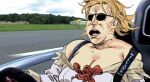  1girl blonde_hair bow breasts cleavage dress driving jeremy_clarkson kantai_collection large_breasts long_sleeves meme open_mouth parody photo-referenced red_bow ruukii_drift solo sunglasses top_gear warspite_(kancolle) white_dress 
