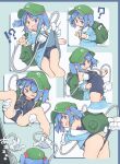  !? ? ass backpack bag barefoot blue_eyes blue_shirt blue_skirt blue_swimsuit blush cameltoe clothes_pull embarrassed green_headwear hair_bobbles hair_ornament hat highres kawashiro_nitori lifted_by_another long_hair mechanical_arms nobiiru_arm off_shoulder one-piece_swimsuit one_eye_closed open_mouth school_swimsuit shirt shirt_lift single_mechanical_arm skirt skirt_lift skirt_pull spread_legs swimsuit swimsuit_pull swimsuit_under_clothes tears thigh_gap touhou turnip_kabura twintails wedgie 
