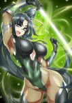  1girl black_hair blue_eyes bodysuit breasts covered_navel fate/grand_order fate_(series) fishnet_bodysuit fishnets impossible_clothes impossible_leotard izuna_nie leotard looking_at_viewer medium_breasts open_mouth side_ponytail skin_tight smile solo taimanin_(series) taimanin_suit ushiwakamaru_(fate) 