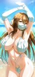  1girl absurdres armpits arms_up bangs beach blue_sky blush breasts brown_eyes brown_hair cleavage collarbone commentary_request covered_mouth cowboy_shot day elbow_gloves eyebrows_visible_through_hair ge_xi gloves hair_between_eyes highres large_breasts long_hair looking_at_viewer makeshift_swimsuit mask mask_on_breasts mouth_mask ocean original outdoors sky slingshot_swimsuit solo stomach swimsuit very_long_hair water white_gloves 