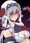  1girl asymmetrical_bangs bangs breasts breath cleavage cleavage_cutout clothing_cutout crop_top flower heavy_breathing looking_at_viewer mibry_(phrysm) open_mouth parted_lips purple_eyes red_flower red_rose rose short_hair sidelocks sinoalice smoke snow_white_(sinoalice) solo sweat veil white_hair 
