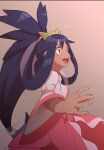  1girl :d bangs big_hair black_hair blush dark_skin dark_skinned_female dress eyelashes fingernails hair_rings hair_tie highres iris_(pokemon) long_hair nyonn24 open_mouth pokemon pokemon_(game) pokemon_bw2 smile solo tied_hair tongue upper_teeth very_long_hair wide_sleeves 