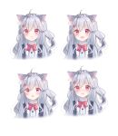  &gt;:( 1girl :d :t animal_ear_fluff animal_ears arry_(arrysub) bow cat_ears cat_girl crying crying_with_eyes_open fang highres long_hair one_side_up open_mouth original pink_eyes shirt silver_hair smile tears wavy_hair white_shirt 
