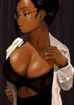  1girl black_bra black_hair black_pants bra breasts cessa cleavage curtains dark_skin dark_skinned_female earrings glasses hair_bun half-closed_eyes jewelry large_breasts looking_to_the_side open_clothes open_shirt original pants shirt standing underwear upper_body white_shirt 