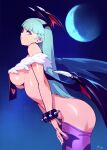  1girl adapted_costume animal_print bat_print bat_wings breast_curtains breasts demon_girl fur_trim green_hair head_wings heart heart_print large_breasts long_hair moon morrigan_aensland optionaltypo print_legwear purple_legwear thighhighs vampire_(game) wings 