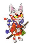  addictiya animal_crossing anthro asian_clothing bodypaint clothing domestic_cat east_asian_clothing face_paint felid feline felis fur hi_res japanese_clothing kabuki_(animal_crossing) katana kimono male mammal melee_weapon nintendo samurai solo sword video_games warrior weapon white_body white_fur 