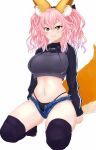  1girl animal_ear_fluff animal_ears bangs black_jacket black_legwear black_panties blush breasts closed_mouth commentary cutoffs denim denim_shorts drawstring eyebrows_visible_through_hair fate/extra fate_(series) fox_ears fox_girl fox_tail full_body hair_between_eyes hair_ribbon highleg highleg_panties highres jacket kneeling large_breasts long_hair long_sleeves looking_at_viewer midriff navel open_clothes open_shorts panties pink_hair ribbon shorts shrug_(clothing) sidelocks simple_background skindentation smile solo sports_bra tail tamamo_(fate)_(all) tamamo_no_mae_(fate) taut_clothes thighhighs underwear viperxtr white_background yellow_eyes 