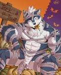  2020 abs anthro biceps candy canid canine canis clothing dessert food fur genitals hair halloween holidays lollipop male mammal muscular muscular_anthro muscular_male naruever one_eye_closed pecs penis signature simple_background wink wolf zack_(naruever) 