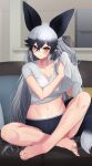  1girl absurdres alternate_costume animal_ear_fluff animal_ears bangs bare_arms bare_legs barefoot black_hair blush breasts brown_eyes casual collarbone couch crossed_legs deku_suke extra_ears feet fox_ears fox_girl fox_tail full_body gradient_hair hair_between_eyes highres indoors kemono_friends large_breasts legs long_hair looking_at_viewer midriff multicolored_hair navel on_couch shirt short_sleeves silver_fox_(kemono_friends) silver_hair sitting smile solo tail toes towel very_long_hair wet wet_hair white_shirt 