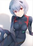  1girl ayanami_rei bangs black_bodysuit blue_hair bodysuit breasts commentary eyebrows_visible_through_hair eyes_visible_through_hair from_above hand_on_floor hand_on_own_thigh head_tilt headgear highres hyuuga_azuri interface_headset long_sleeves looking_at_viewer multicolored multicolored_clothes neon_genesis_evangelion number parted_lips pilot_suit plugsuit rebuild_of_evangelion red_eyes shadow short_hair simple_background sitting sitting_on_floor solo white_background zipper 