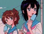  1990s_(style) 2girls bag black_hair blue_sailor_collar blush brown_eyes brown_hair closed_mouth cloud eating flash_cards food hibike!_euphonium highres holding holding_food kitauji_high_school_uniform kousaka_reina long_hair looking_at_another looking_to_the_side multiple_girls neckerchief nzeneee open_mouth oumae_kumiko outdoors pink_neckwear popsicle power_lines purple_eyes retro_artstyle sailor_collar school_bag school_uniform serafuku shirt short_sleeves sky utility_pole white_shirt 