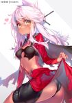  1girl ass breasts chloe_von_einzbern commentary dark_skin dark_skinned_female eyebrows_visible_through_hair fate/kaleid_liner_prisma_illya fate_(series) hair_between_eyes hair_ornament hair_stick heart hong_(white_spider) lifted_by_self long_hair long_sleeves looking_at_viewer medium_breasts navel patreon_username pink_hair red_skirt skirt skirt_lift solo stomach_tattoo tattoo yellow_eyes 
