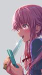  1girl bangs blush bow cellphone commentary_request gasai_yuno grey_background hair_bow highres hirose_yuki holding holding_knife knife long_hair looking_afar mirai_nikki open_mouth phone pink_eyes pink_hair red_bow school_uniform simple_background solo upper_body upper_teeth yandere 