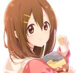  1girl alternate_hairstyle atu bangs brown_hair chips close-up closed_mouth commentary_request eating food from_behind ground hair_between_eyes hair_ornament hairclip hirasawa_yui holding holding_food hood hoodie k-on! light_blush long_hair long_sleeves looking_at_viewer potato_chips signature simple_background smile solo star_(symbol) 