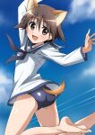  1girl absurdres animal_ears ass barefoot blush breasts brown_eyes brown_hair cloud condensation_trail dog_ears dog_tail dress eyebrows_visible_through_hair feet highres looking_at_viewer miyafuji_yoshika open_mouth sailor_dress shiny shiny_hair short_hair sky small_breasts smile solo strike_witches swimsuit swimwear tail tokiani world_witches_series 