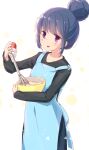  1girl apron atu baking_powder bangs black_shirt blue_apron blue_hair bowl commentary_request cooking cowboy_shot denim dots dough eyebrows_visible_through_hair eyes_visible_through_hair food hair_bun highres holding holding_bowl jeans light_blush long_hair long_sleeves mixing_bowl open_mouth pants purple_eyes shima_rin shirt signature simple_background solo standing triangle triangle_print whisk white_background yurucamp 