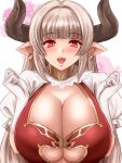  1girl alicia_(granblue_fantasy) bangs blunt_bangs breasts cleavage draph earrings gloves granblue_fantasy horns huge_breasts jewelry long_hair open_mouth platinum_blonde_hair pointy_ears puffy_short_sleeves puffy_sleeves red_eyes short_sleeves smile solo suzuki_sakura very_long_hair 