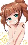 1girl brown_hair clenched_teeth completely_nude dated flat_chest green_eyes happy_birthday highres idolmaster idolmaster_(classic) konboi-eg looking_at_viewer nude short_hair simple_background smile solo takatsuki_yayoi teeth twintails white_background 