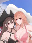  2girls anchor_earrings azur_lane bikini black_bikini black_headwear blue_sky breasts brown_hair cleavage criss-cross_halter earrings eyebrows_visible_through_hair hair_between_eyes halterneck hat highres himoon666 jean_bart_(azur_lane) jean_bart_(secret_afternoon)_(azur_lane) jewelry long_hair multiple_girls official_alternate_costume one-piece_swimsuit orange_hair pink_swimsuit pirate_hat purple_eyes richelieu_(azur_lane) richelieu_(flagship_in_the_sea_breeze)_(azur_lane) sky sun_hat swimsuit white_headwear 