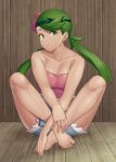  1girl bangs barefoot breasts cleavage collarbone commentary eyebrows_visible_through_hair eyelashes flower green_eyes green_hair hair_flower hair_ornament highres knees long_hair looking_at_viewer mallow_(pokemon) pokemon pokemon_(game) pokemon_sm shorts sitting solo spread_legs sungpark swept_bangs toes trial_captain twintails 