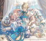  abs ahoge aladdin_(sinoalice) arabian_clothes blanket blonde_hair blue_eyes bracelet building chest_plate closed_mouth cup curtains drinking_glass food gem hanazome_march highres hot_dog ice_cream indoors jewelry lamp male_focus muscular pig pillow plate scroll short_hair signature sinoalice sitting smile three_little_pigs_(sinoalice) window wine_glass 