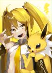  1girl absurdres ahoge bangs blonde_hair breasts commentary_request crossover detached_sleeves gen_1_pokemon hatsune_miku highres jolteon long_hair looking_to_the_side nail_polish navel necktie open_mouth pokemon pokemon_(creature) pokemon_on_arm reirou_(chokoonnpu) sharp_teeth shiny shiny_hair smile star_(symbol) teeth tied_hair tongue tongue_out twintails upper_body vocaloid yellow_eyes yellow_nails yellow_neckwear 