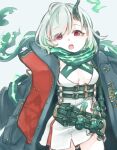 1girl belt breasts buckle cleavage dress eyebrows_visible_through_hair green_hair grey_background hair_ornament hairclip holster holstered_weapon ishikoro1645 jacket little_match_girl_(sinoalice) looking_at_viewer open_clothes open_jacket open_mouth red_eyes scarf short_hair simple_background sinoalice solo 