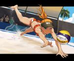  2girls 3boys artist_name barefoot beach beach_volleyball bikini black_headwear blue_eyes breasts closed_mouth cloud commentary_request day foreshortening full_body hair_tie hands highres jumping kongou_b leg_up letterboxed long_hair looking_away multiple_boys multiple_girls orange_hair original outdoors outside_border outstretched_arms palm_tree ponytail red_bikini sand shade small_breasts solo_focus sports_bikini sunlight swimsuit toned tree visor_cap volleyball 
