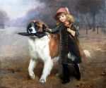  1883 19th_century 5_fingers ambiguous_gender ancient_furry_art biped black_body black_bottomwear black_clothing black_footwear black_fur black_shoes blonde_hair bottomwear brown_body brown_fur canid canine canis charles_burton_barber clothed clothing detailed_background digitigrade domestic_dog double-breasted duo female feral fingers footwear fully_clothed fur gloves hair handwear hat headgear headwear holding_ear human light_body light_skin looking_at_viewer mammal molosser mountain_dog mouth_hold multicolored_body multicolored_fur nude oil_painting_(artwork) outside painting_(artwork) plant plantigrade proper_art public_domain quadruped saint_bernard signature sky text traditional_media_(artwork) tree umbrella white_body white_fur young 