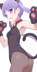  1girl animal_ears ass bell black_gloves black_leotard blush breasts brown_legwear cat_ears cat_tail choker commentary eyebrows_visible_through_hair gloves highres hiroki_(yyqw7151) jingle_bell leotard long_hair new_game! pantyhose paw_gloves paws purple_eyes purple_hair red_choker simple_background small_breasts solo suzukaze_aoba tail twintails white_background 
