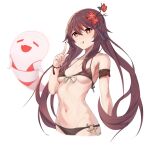  1girl :p bare_shoulders bead_bracelet beads bikini black_bikini bow bowtie bracelet breasts brown_hair cropped_legs fang flower genshin_impact ghost groin hair_flower hair_ornament highres hu_tao index_finger_raised jewelry mung_(larnec) navel open_mouth plum_blossoms red_eyes simple_background small_breasts smile solo_focus star-shaped_pupils star_(symbol) stomach string_bikini swimsuit swimwear symbol-shaped_pupils tongue tongue_out twintails underboob white_background 