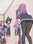  5girls ^^^ animal_ear_fluff animal_ears armband arms_behind_back ass bangs between_legs black_hair black_legwear black_skirt blue_eyes blue_shirt blush bob_cut bow bowtie breasts brown_hair buttons cat_ears cat_girl cat_tail closed_mouth clothes_writing collared_shirt commentary ear_blush embarrassed frilled_shirt frills from_behind from_side green_eyes hair_intakes hair_ornament hair_tie half-closed_eyes hand_between_legs hands_on_own_thighs have_to_pee high-waist_skirt highres indoors juliet_sleeves kneepits knees_together_feet_apart leaning_forward long_hair long_sleeves looking_at_another looking_to_the_side miniskirt multiple_girls nose_blush one_eye_closed open_mouth orange_eyes original panties panties_under_pantyhose pantyhose pee peeing peeing_self pink_hair profile puffy_short_sleeves puffy_sleeves purple_hair queue red_bow red_neckwear rune_(pixiv_25170019) school_uniform shiny shiny_hair shirt shirt_tucked_in short_hair short_sleeves shuriken_hair_ornament sidelocks skirt skirt_hold small_breasts socks standing surprised sweat tail tail_bow tail_ornament thighband_pantyhose thighhighs tied_hair translation_request trembling two_side_up underwear wavy_mouth wet wet_clothes white_legwear white_panties wince yurina_(rune_(pixiv_25170019)) zettai_ryouiki 