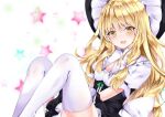  1girl :d black_headwear blonde_hair blurry blurry_background bow braid eyebrows_visible_through_hair fang hat kirisame_marisa looking_at_viewer nanase_nao open_mouth short_sleeves side_braid single_braid smile solo star_(symbol) starry_background thighhighs touhou white_background white_bow white_legwear witch_hat yellow_eyes 