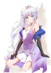  1girl bare_shoulders belt blue_eyes breasts choker collarbone cropped_jacket dress elbow_gloves gloves highres iesupa long_hair off_shoulder ponytail rwby scar scar_across_eye side_ponytail solo tiara weiss_schnee white_hair 