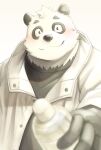  2021 anthro black_body black_fur blush clothing cute_fangs fur giant_panda hi_res humanoid_hands kemono male mammal noko_illust shirt simple_background solo topwear ursid white_background white_body white_fur 