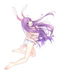  1girl absurdres animal_ears ass back bangs bare_back bare_shoulders barefoot bikini breasts bunny_ears commentary_request diving_penguin facing_away feet frilled_bikini frills from_behind highres legs long_hair looking_at_viewer looking_back open_mouth purple_eyes purple_hair reisen_udongein_inaba simple_background solo swimsuit thighs touhou very_long_hair white_background white_bikini white_swimsuit 