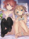  2girls artist_name ass bangs barefoot bed bell black_legwear blonde_hair blue_eyes blush bra breasts cleavage copyright_request eyebrows_visible_through_hair feet food frilled_bra frills fruit grey_bra hair_between_eyes highres horns indoors klem looking_at_viewer lying multiple_girls neck_bell on_back on_bed panties parted_lips pillow pink_panties purple_bra purple_eyes red_hair sheep_horns short_hair small_breasts soles thighhighs tied_hair toes underwear underwear_only white_panties 