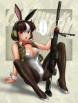  1girl animal_ears battle_rifle botasky bow bowtie brown_eyes brown_hair bunny_ears cat_shit_one commentary_request copyright_name detached_collar gun headphones headset highres m14 multicolored_hair pantyhose partial_commentary personification playboy_bunny rifle short_hair solo spread_legs tamanegiinyo two-tone_hair vest weapon wrist_cuffs 