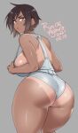  1girl 2021 agawa_ryou ass breasts brown_eyes brown_hair commentary dated english_commentary from_behind grey_background large_breasts looking_at_viewer looking_back original parted_lips short_hair sideboob signature simple_background solo tan tanline thick_thighs thighs 