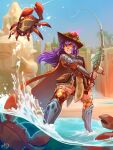  1girl absurdres blue_sky cape crab dang_(runescape) ear_piercing fishing fishing_rod hat highres long_hair momo-deary parted_lips piercing purple_hair runescape sky smile soaking_feet solo standing thighhighs tree water waterfall wide_shot yellow_eyes 